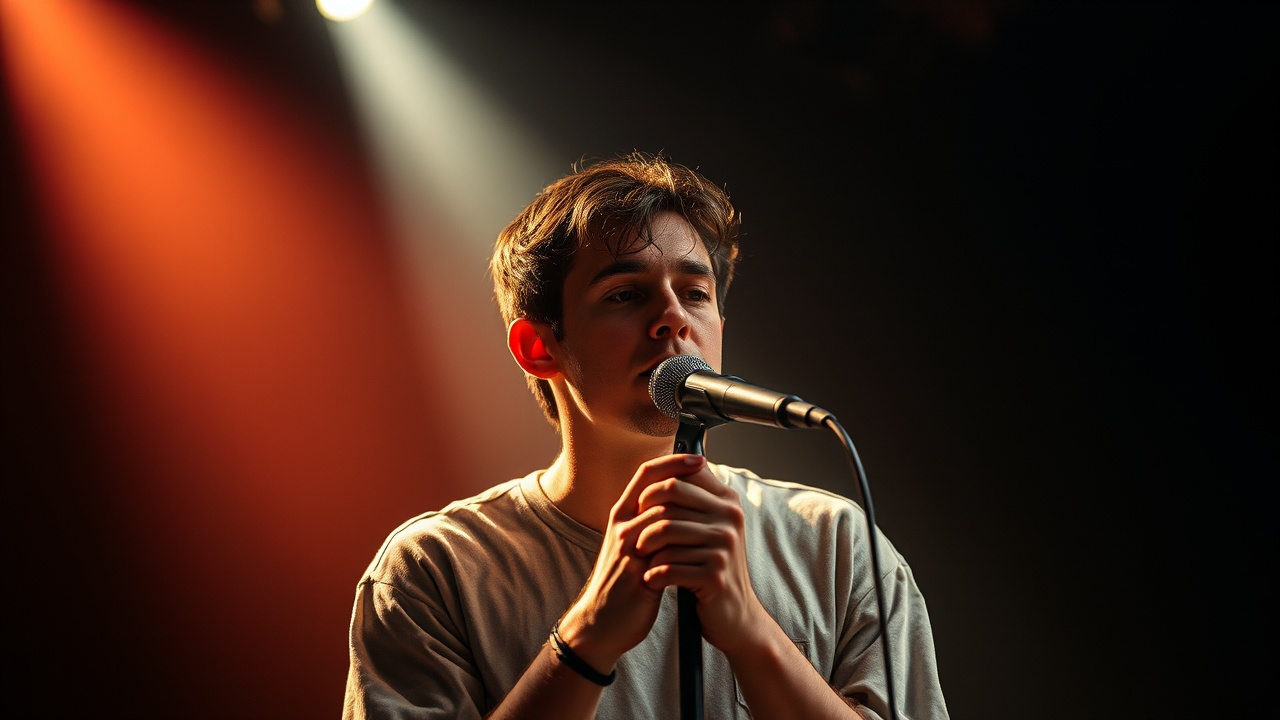 young man singing on stage under spotlights