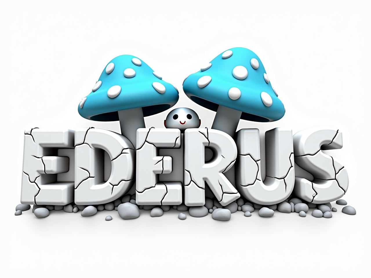 Create a playful and modern 3D logo for the brand 'EDERUS'. The design features large, bold text that appears cracked and rugged. Behind the text, incorporate two blue mushrooms with white spots, positioned symmetrically to add depth. Place a friendly, simple character above the text, nestled between the mushrooms. Small debris is scattered around the base of the text for a dynamic look. The entire palette should be minimal, using white and shades of blue and gray, with a transparent background for versatility.