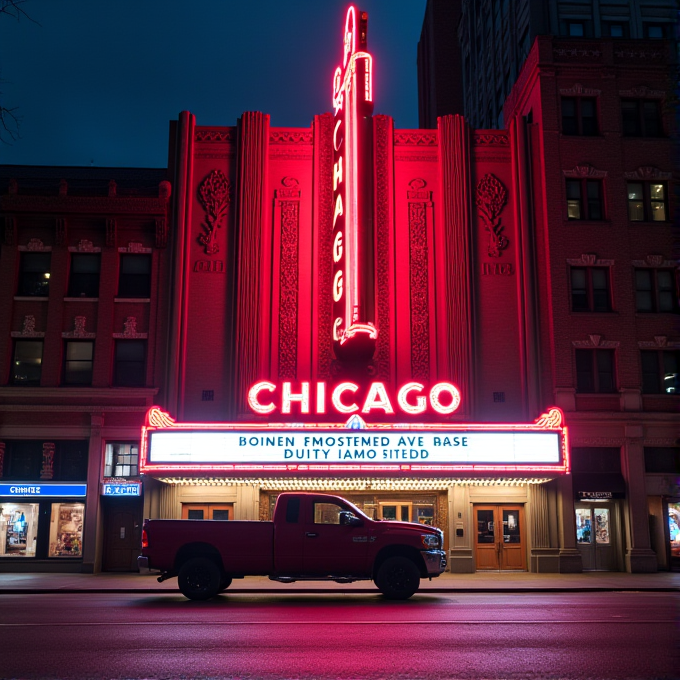 A red neon marquee with the word 'CHICAGO' lights up the night, with a red truck parked on the street in front of it.