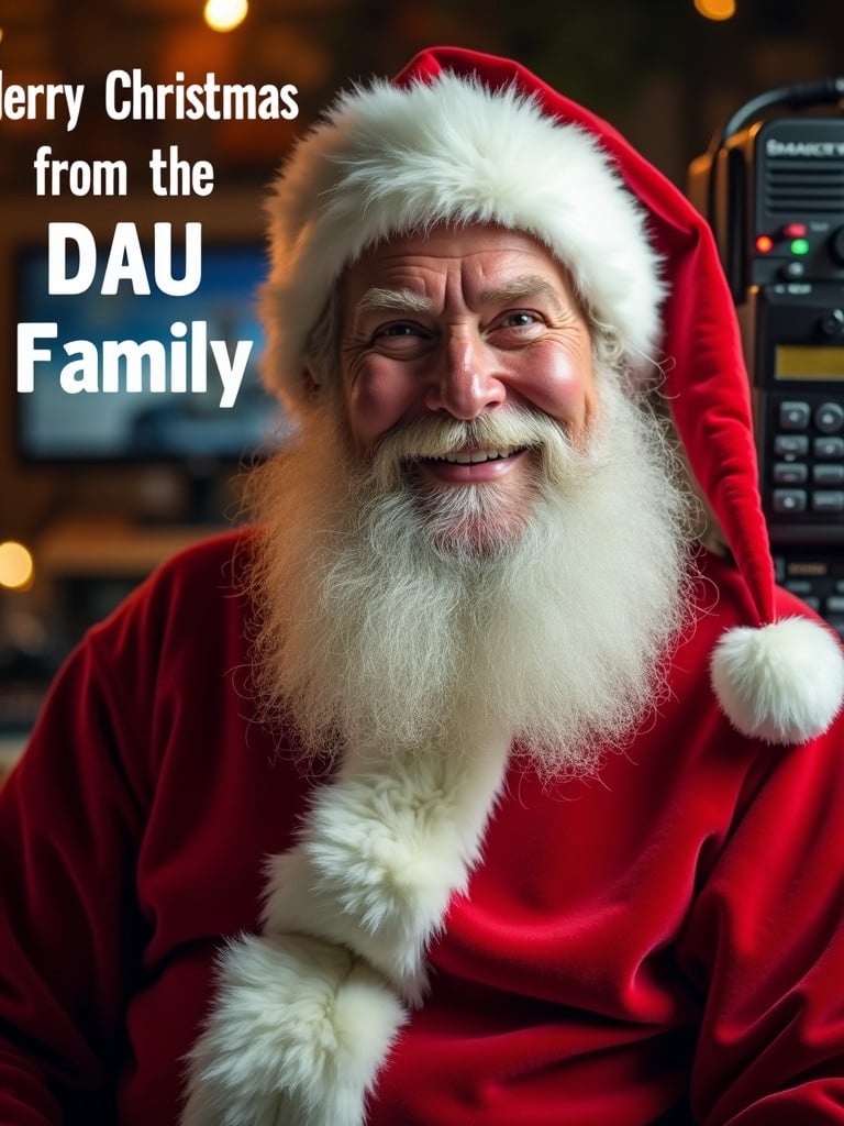 Cheerful Santa Claus depicted with joyful expression in red suit. Background shows Flex Radio SmartSDR. Text 'Merry Christmas from the DAU Family' present. Scene exudes warmth and holiday spirit.