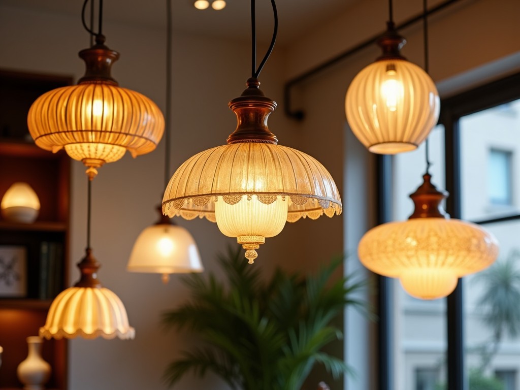 A collection of vintage pendant lamps hanging in a cozy indoor setting. The lamps are glowing with warm light, creating an intimate atmosphere. Background includes a window and indoor plants.