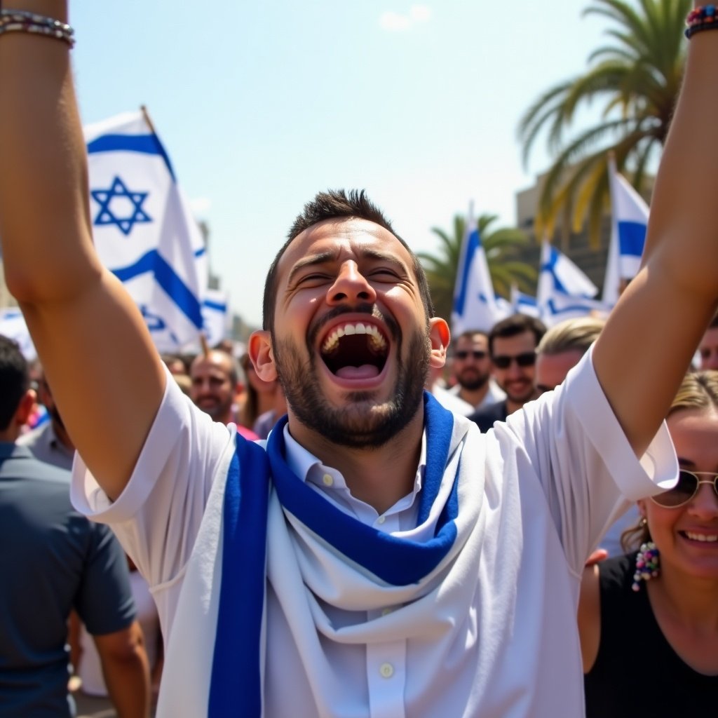 Man cheering energetically at a public gathering. Participants waving flags. Bright sunny day with a crowd. Palm trees in the background. Strong expressions of joy and national pride.