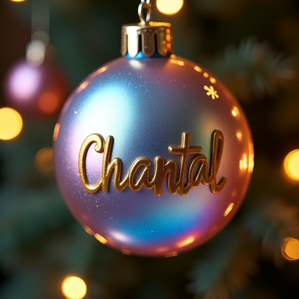 Christmas bauble with iridescent colors and gold lettering of the name Chantal