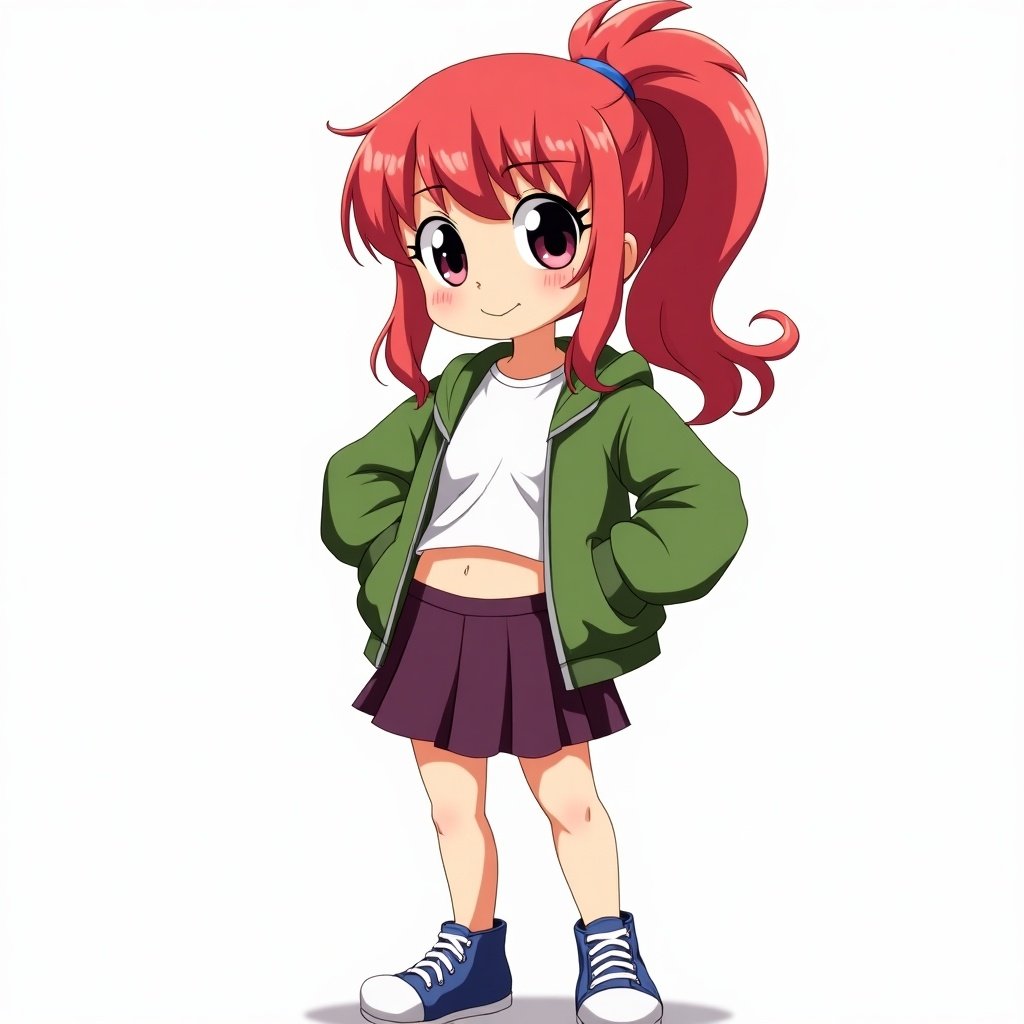 Cartoon character features vibrant red hair in a ponytail. Dressed in a green jacket layered over a white T-shirt, showcasing a belly button. Dark purple skirt complements blue sneakers. Character displays large dark eyes. Style is reminiscent of anime fanart with unique visual effects.