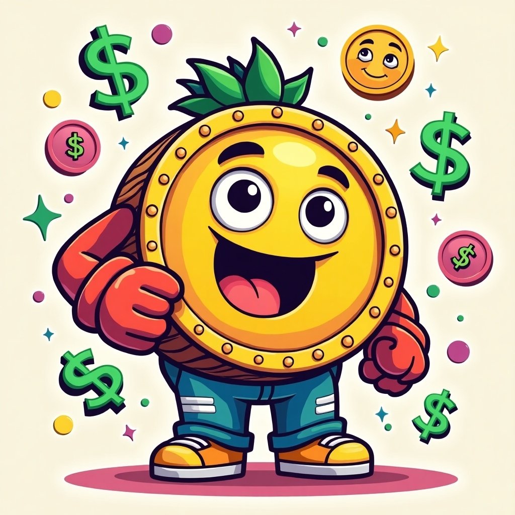 A happy coin character representing memecoin. Coin is yellow with a smiling face, wearing casual blue jeans and sneakers. Surrounded by dollar signs and colorful coins.