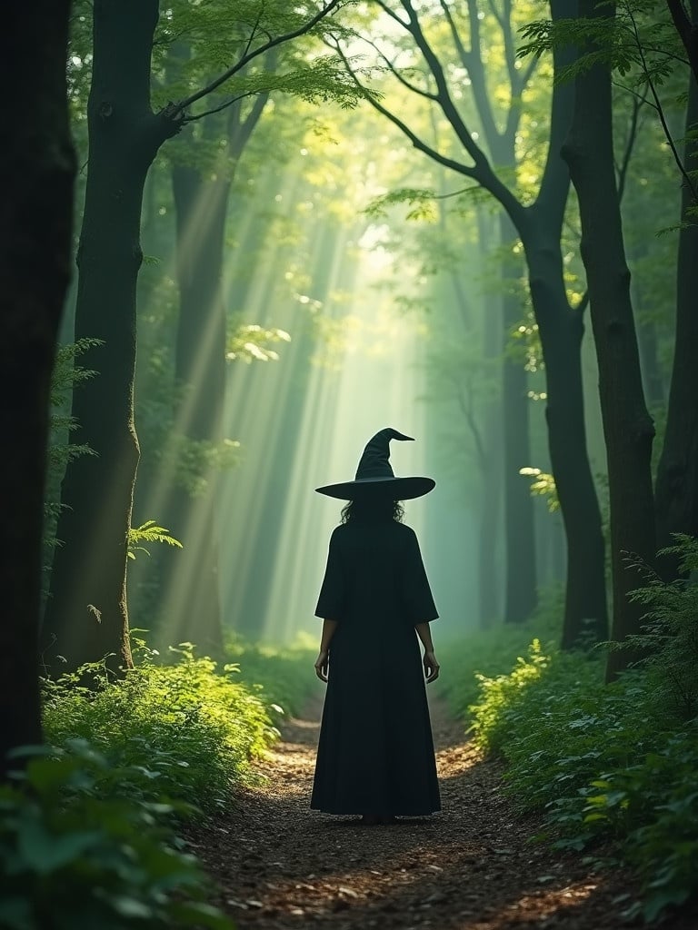 A mystical forest background with a narrow path. Sunlight beams through the canopy of trees. The lush greenery creates a tranquil atmosphere. The scene evokes peace and healing. Ideal for incorporating Ayurvedic themes. A mysterious young woman dressed as a witch stands in a dense forest.