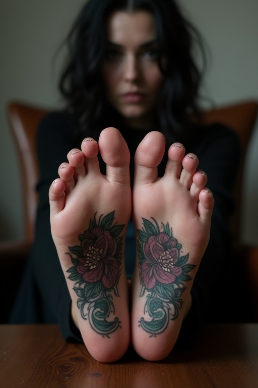 Mature goth woman shows tattooed soles of bare feet. She wears dark goth clothes. She sits on a chair with feet on a table.