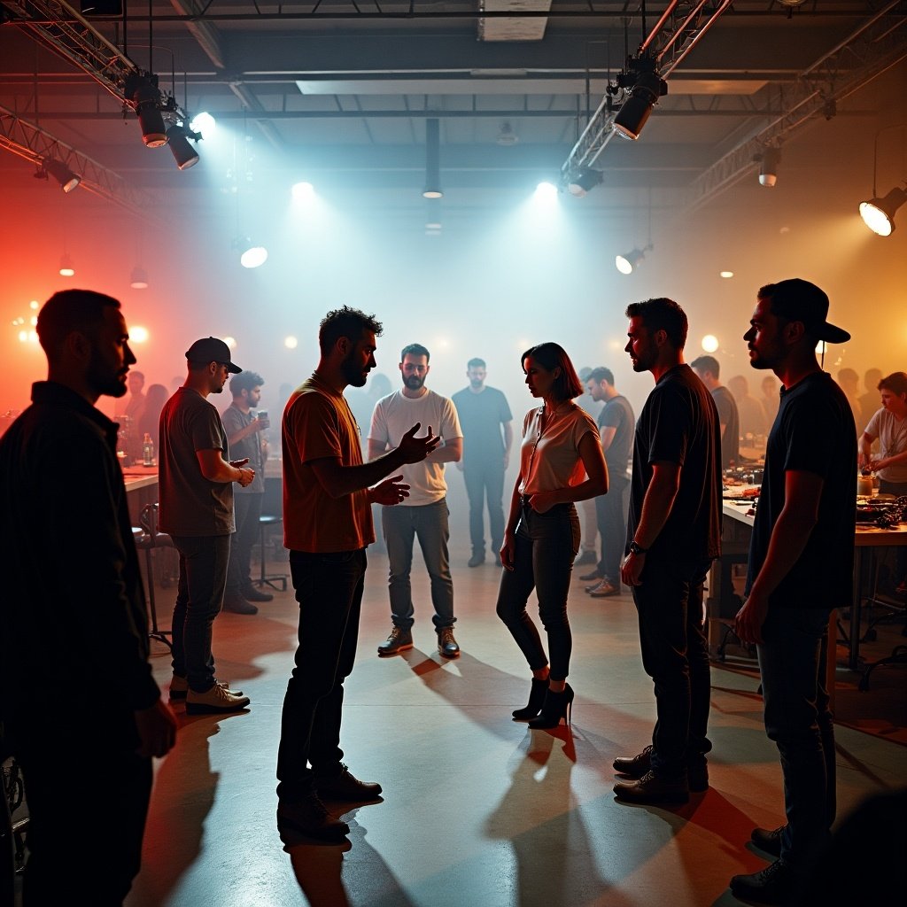 The image depicts a vibrant and energetic scene set in a creatively lit space. A director stands in the foreground, engaged in conversation with a lead actress, surrounded by a group of cast members. The atmosphere is dynamic, with colored lights casting shadows and fog giving a mysterious feel to the setting. This scene captures a moment of artistic collaboration before a performance or film shoot. It’s a blend of casual interactions and professional undertones. The audience can sense the creative energy buzzing among the individuals present.