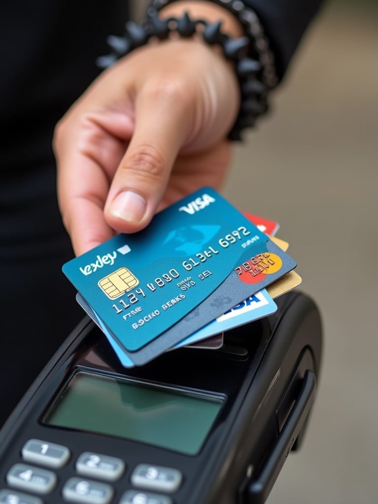 Realistic view of a credit card showcasing CVV number 682. Close-up image of hands holding multiple debit and credit cards. Cards have EMV chips and various designs. Image captures a person making a contactless payment using a credit card. Hand is positioned above a payment machine, showcasing the card clearly. Black spiked bracelet is visible on the wrist. Card features a blue design, identifiable as a Visa. Background remains neutral to focus on the transaction. Bright lighting enhances visibility of the card details. Setup highlights modern payment methods in a consumer-friendly context.