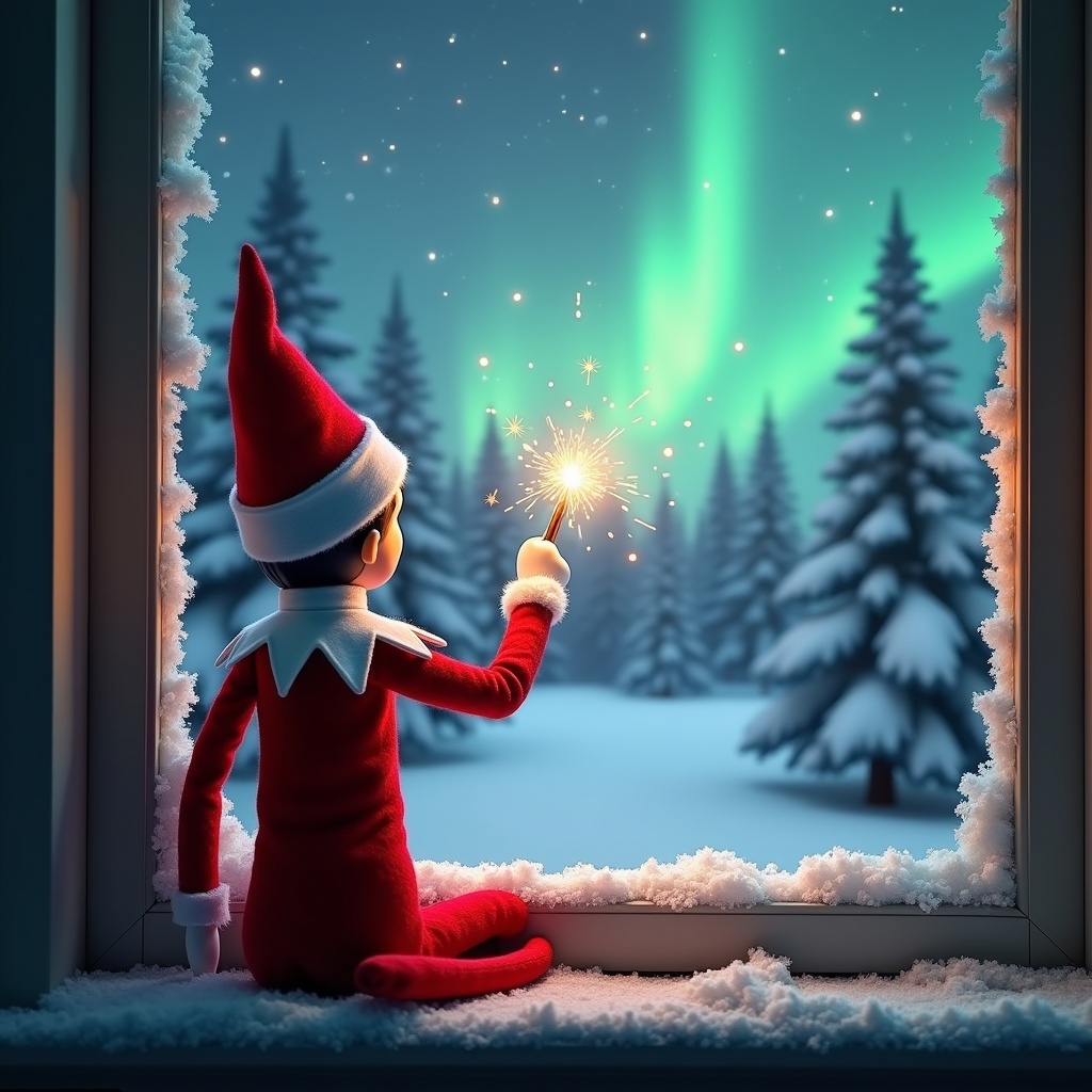 The image features an adorable elf on the shelf sitting on a window ledge, with his back turned to the viewer. He is using a magical wand to create twinkling sparks while looking up at a stunning display of northern lights. The background is set in a winter wonderland, filled with snow-covered pine trees, conjuring a festive holiday feel. Dressed in a vibrant red outfit with white trim, the elf embodies the Christmas spirit. The scene is illuminated by the enchanting colors of the aurora borealis, enhancing the magical ambiance.