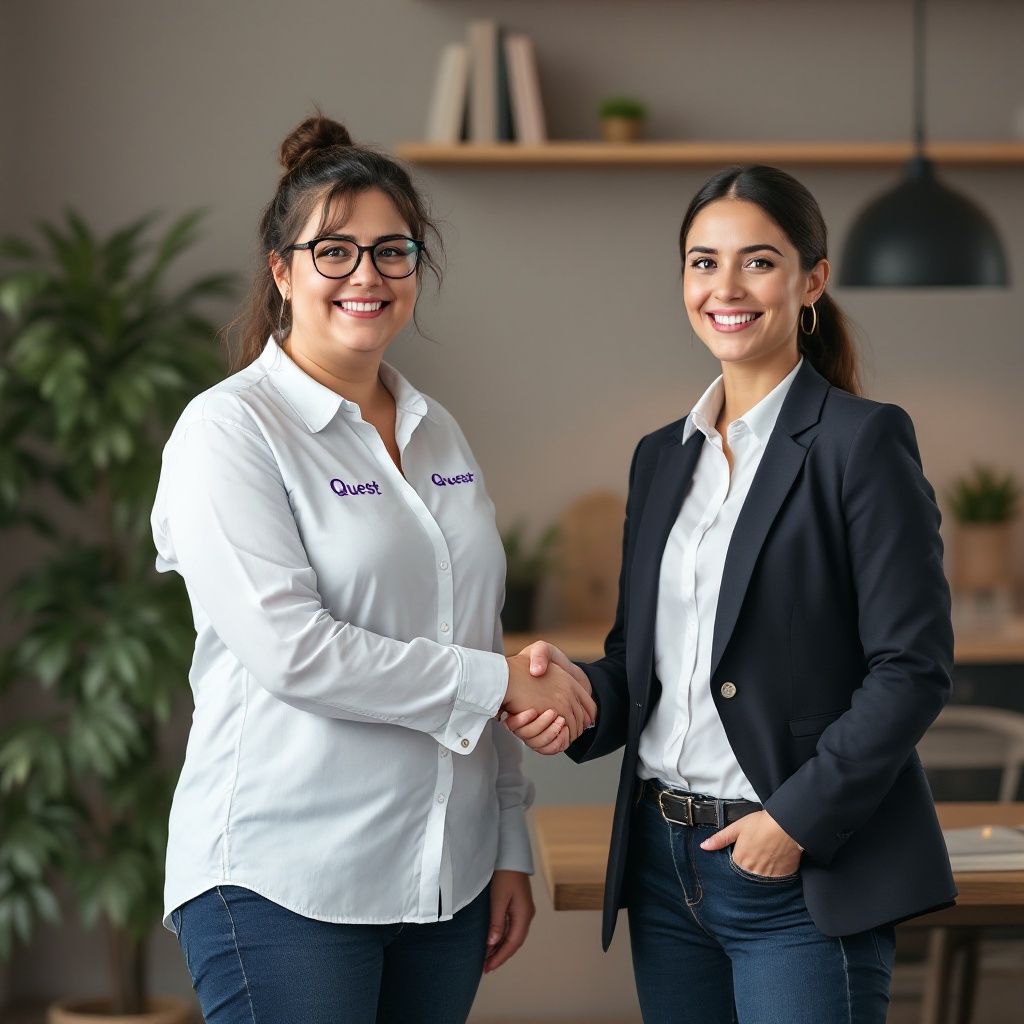 A confident Spanish daycare teacher stands wearing a white shirt with Quest embroidered in purple. She shakes hands with a company executive in business attire. They smile, indicating a successful deal. The setting is warm and welcoming with a professional touch.