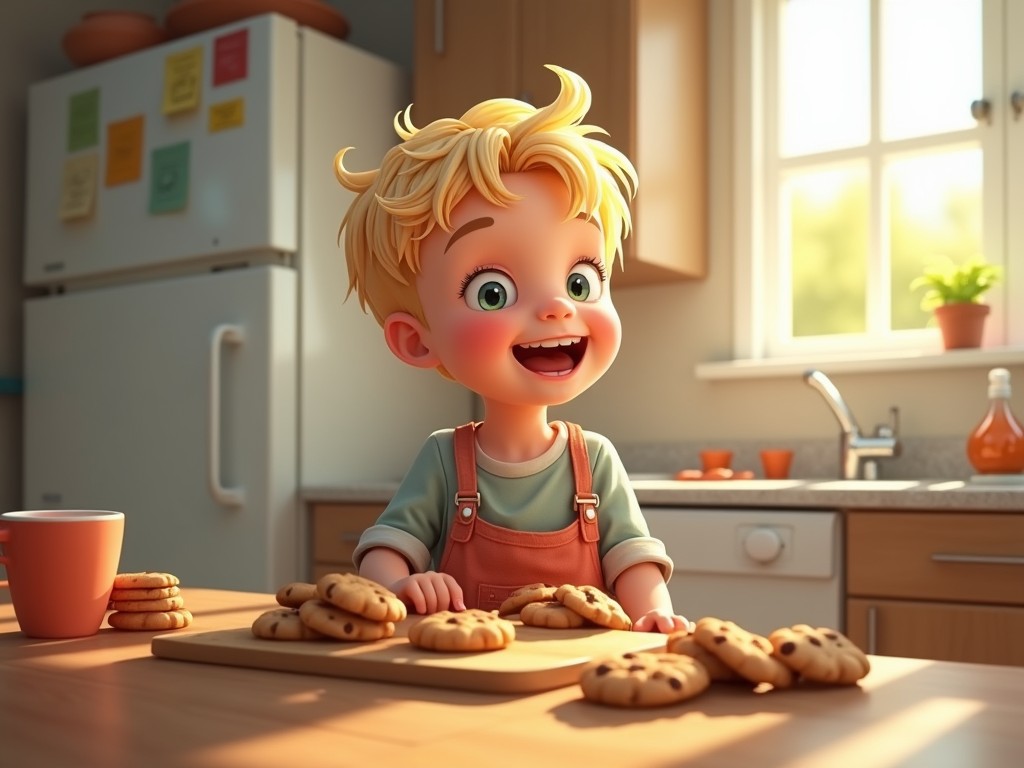 A young, cheerful child with bright eyes and blonde hair stands excitedly at a kitchen counter, surrounded by freshly baked cookies. The warm sunlight fills the cozy kitchen, adding a soft glow to the scene. The atmosphere is joyful and heartwarming, representing a delightful moment spent in baking and anticipation of enjoying the treats.