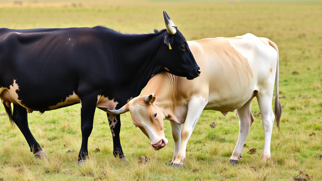 Two cows, one black and one cream, nuzzle each other affectionately in a grassy field.