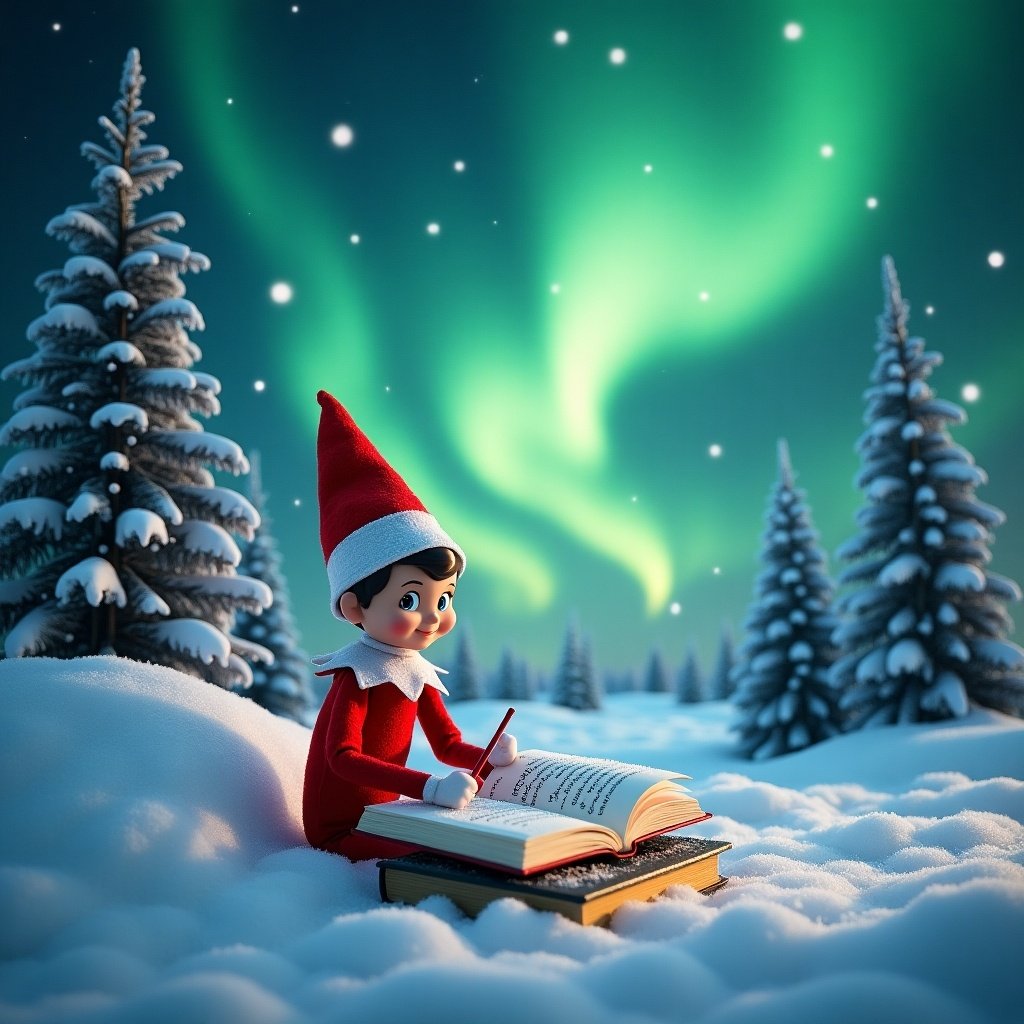 Scene of an elf writing in a large book under northern lights. Snowy landscape with tall, snow-covered trees. The elf in a red outfit and pointed hat adds a festive appearance. The sky shows brilliant greens and blues, creating a magical Christmas atmosphere.