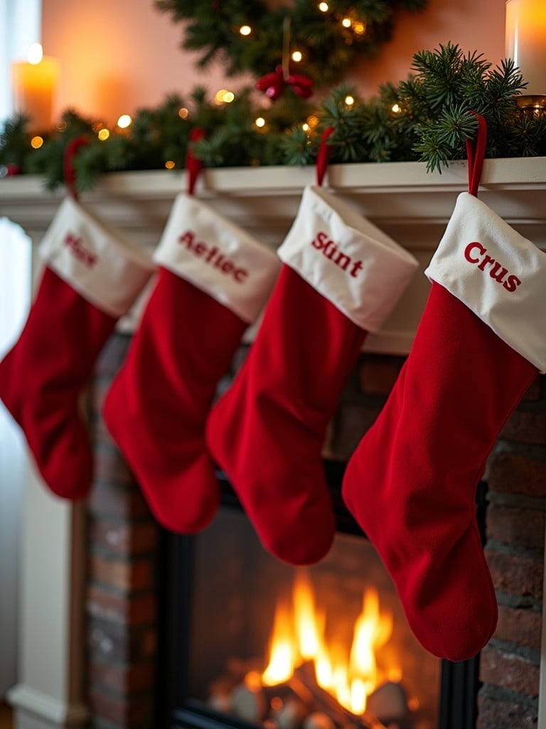 Five red Christmas stockings hang on a fireplace. Stockings are personalized with names. The fireplace is lit with warm glow. Decorations include garlands and candles.