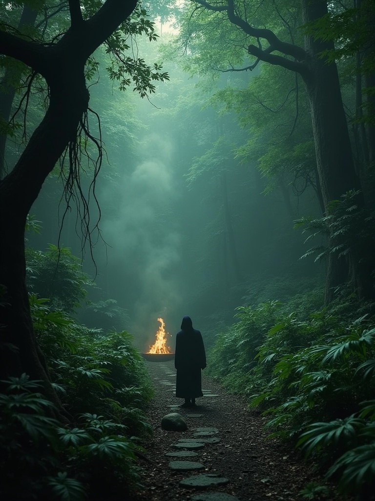 A dark jungle featuring a cloaked figure standing near a mystical fire. Smoky haze surrounds the area creating a mysterious atmosphere. Lush greenery emphasizes the depth of the forest with a path leading into the scene.