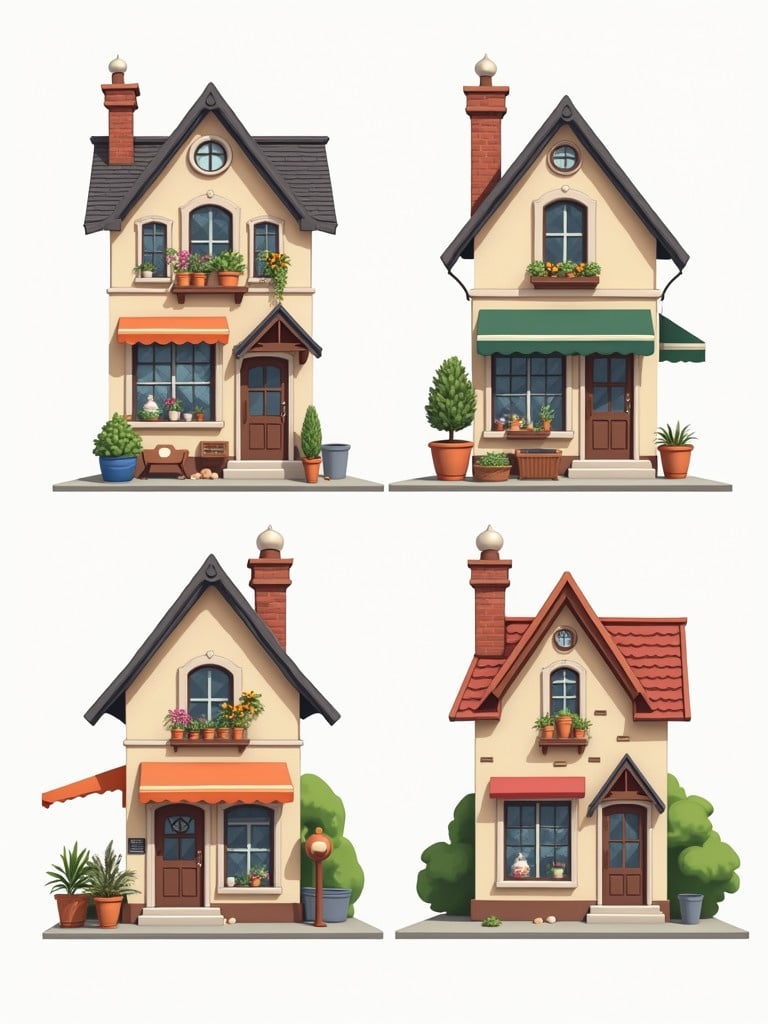 Four illustrated houses shown from different angles. Front view highlights architectural style. Back view illustrates access point. Right side features architectural details. Left side displays plants and decor options.