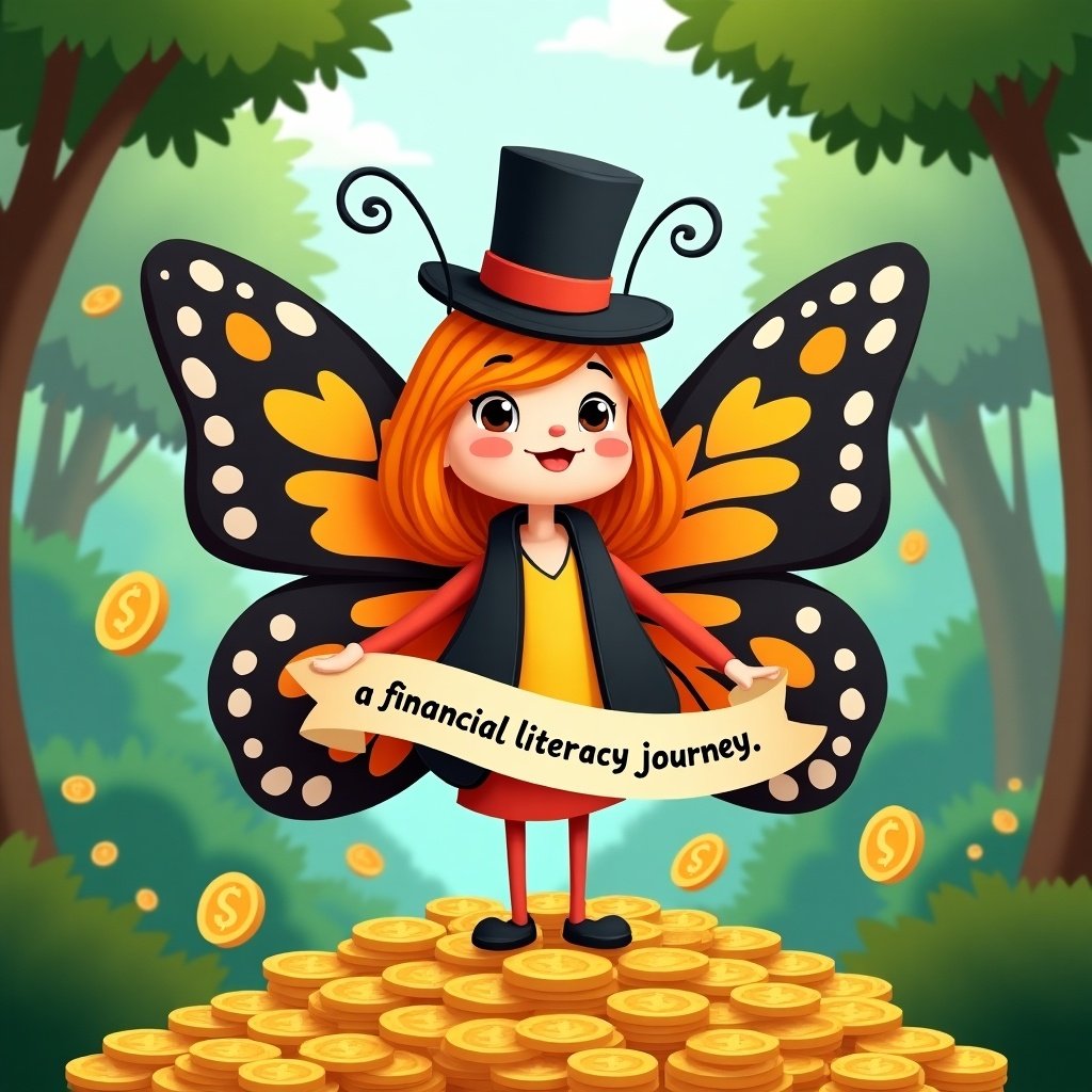 Colorful cartoon of a character named Molly the Money Butterfly. Orange butterfly with black and white patterns. She wears a top hat and vest. Stands on gold coins in a green forest. Floating coins in the air. Banner reads 'a financial literacy journey.'