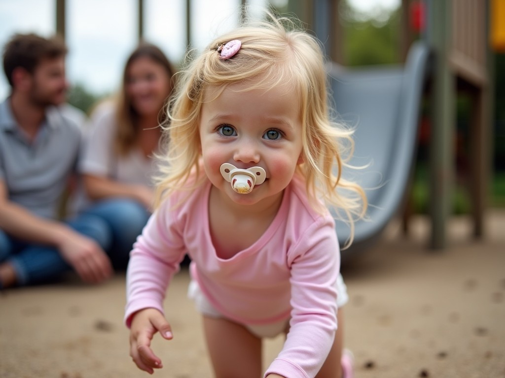 This image features a seven-year-old girl with long blonde hair and striking emerald green eyes, who is crawling in a playground. She is wearing a long-sleeve pink t-shirt and a diaper, while holding a pacifier in her mouth. The background shows her parents sitting together, enjoying the moment. The scene is filled with a sense of playfulness and warmth. The soft hues and natural lighting create a friendly atmosphere perfect for family-oriented themes.