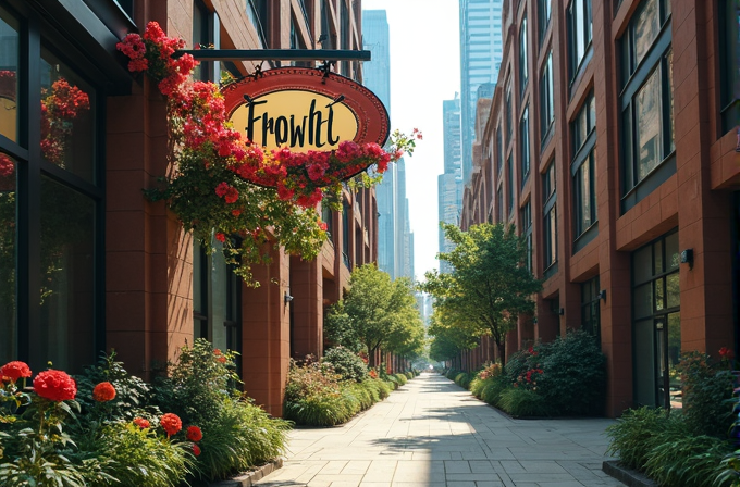 A vibrant alleyway lined with modern brick buildings and lush greenery, featuring a flower-adorned shop sign.