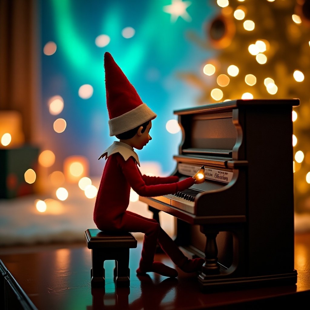 An elf on the shelf plays a piano. The elf has a magic wand. The setting features northern lights. The scene celebrates the festive spirit of Christmas. There's a whimsical ambiance. The elf's action evokes a sense of wonder and excitement.