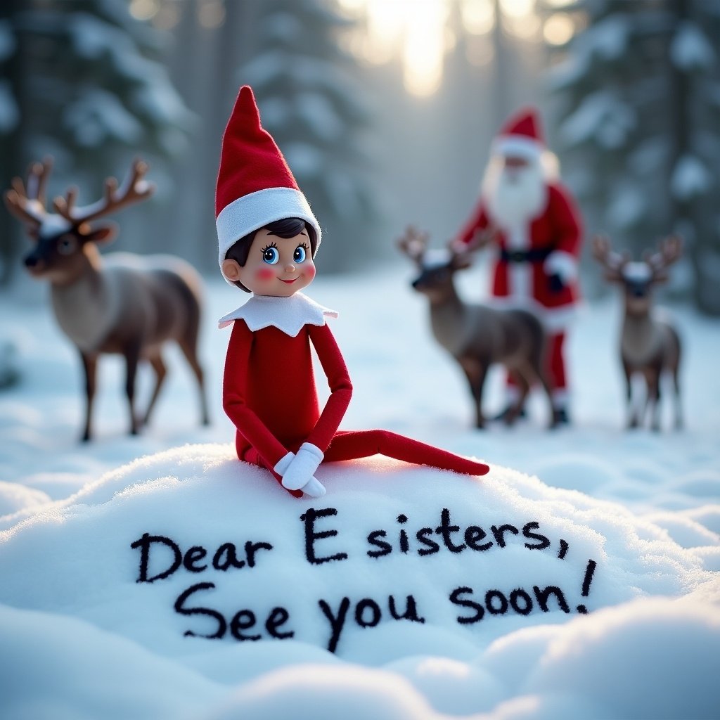 An enchanting scene featuring a realistic elf on the shelf sitting in a snowy setting. The elf is dressed in a bright red outfit with a matching hat, and it has written a charming message in the snow, saying, 'Dear E sisters, See you soon!' Behind the elf, a magical winter landscape filled with reindeer is visible. In the background, Santa can be seen, adding to the festive spirit. The overall atmosphere is whimsical and inviting, perfect for the holiday season.