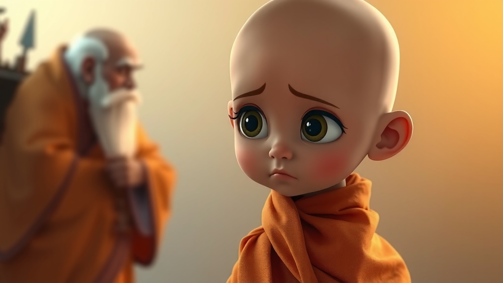 A young animated monk with a sad expression stands in the foreground, while an older monk is blurred in the background.