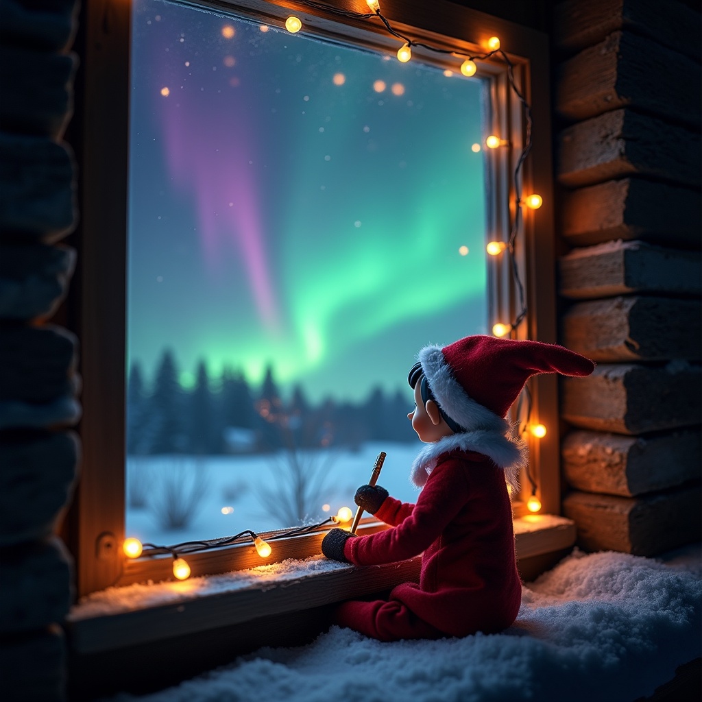 An elf is sitting by a window, gazing at the captivating northern lights in the night sky. Dressed in traditional Christmas colors, the elf is thoughtfully holding a writing tool as if jotting down notes. Outside, a serene snowy landscape complements the magical winter setting. Glowing fairy lights adorn the window sill, contributing to the cozy ambiance. The vibrant colors of the aurora borealis are vividly dancing in the night sky, creating an enchanting backdrop. This scene encapsulates the festive spirit and excitement of the holiday season.