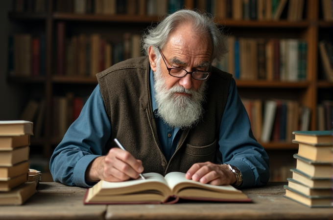 An elderly man with a beard and glasses is intensely writing in a book, surrounded by stacks of books in a library setting.