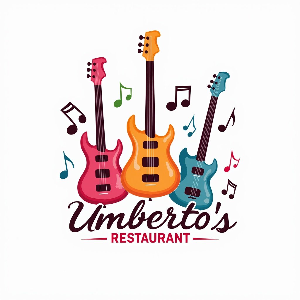 Logo for a restaurant called Umberto's. Features three illustrated guitars in pink, orange, and blue. Includes musical notes to enhance the lively theme. Bold text invites friendly dining experience. Design emphasizes food and music.