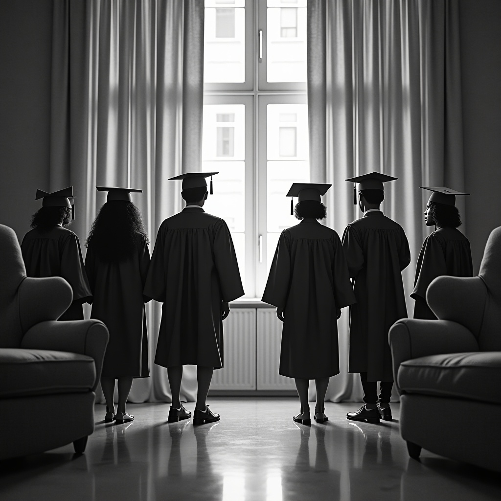 This image features a group of African American graduates standing together, silhouetted against a large window. They are dressed in traditional graduation gowns and caps, symbolizing their achievement. The setting is a softly lit room with drapes framing the windows. The black and white effect adds a timeless quality to the moment. The graduates appear proud and united as they look toward the light, representing the future ahead of them.