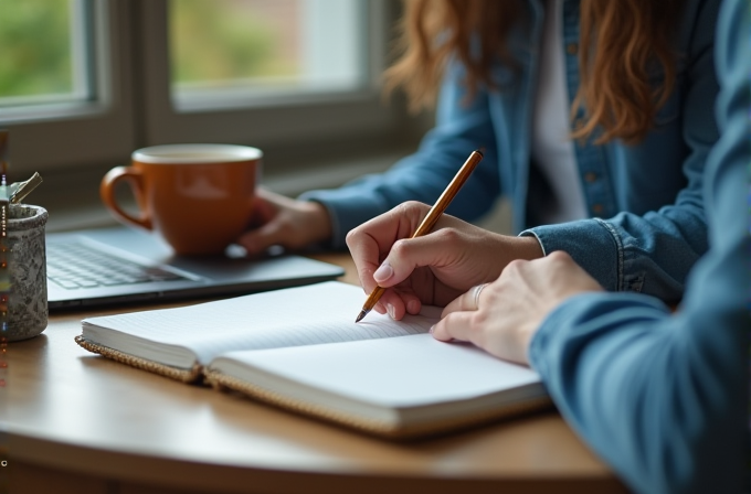 Two people are writing in a notebook with a laptop and a cup of coffee on the table.