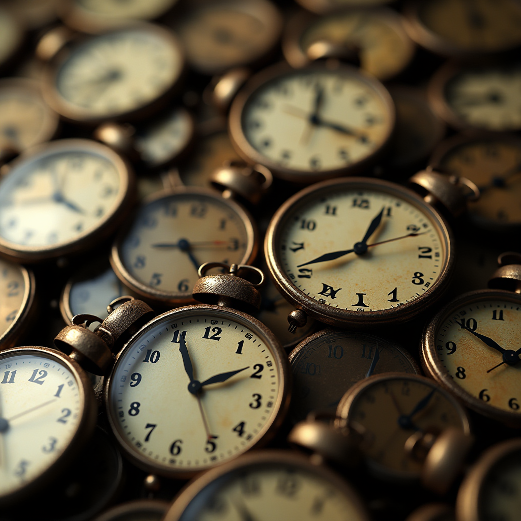 A collection of vintage clocks with brass casings arranged closely together.