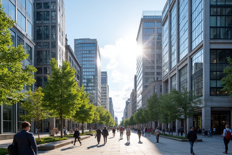 Busy Dublin city financial district during the day with many pedestrians. Modern glass buildings line the street. Sun shining brightly in the background.