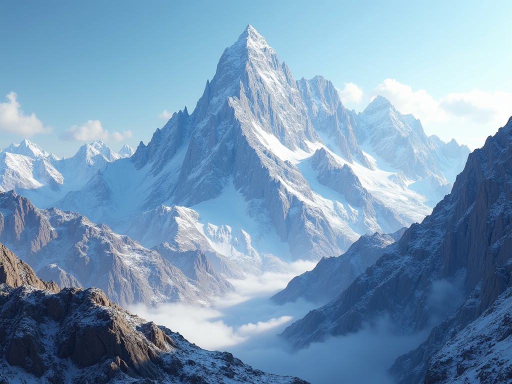 The image captures a breathtaking view of a towering, snow-covered mountain surrounded by a range of smaller mountains. The rugged terrain contrasts with the soft clouds that envelop the lower slopes, creating a sense of both grandeur and tranquility. The blue sky above adds a serene backdrop to the dramatic landscape.