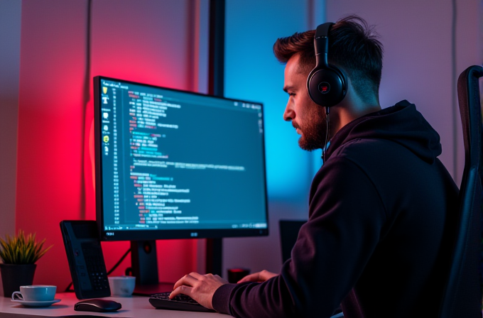 A focused programmer works on their code on a large screen, surrounded by ambient lighting in a modern workspace.