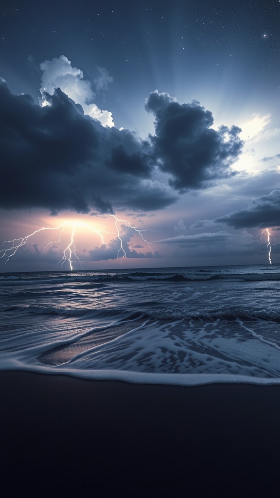 This captivating image captures the raw power of a thunderstorm over the ocean at night. Dark clouds loom heavily over the scene, with multiple bolts of lightning striking the water. The frothy waves wash over the sandy shore, illuminated by the sporadic flashes of lightning, creating a dramatic and powerful spectacle.