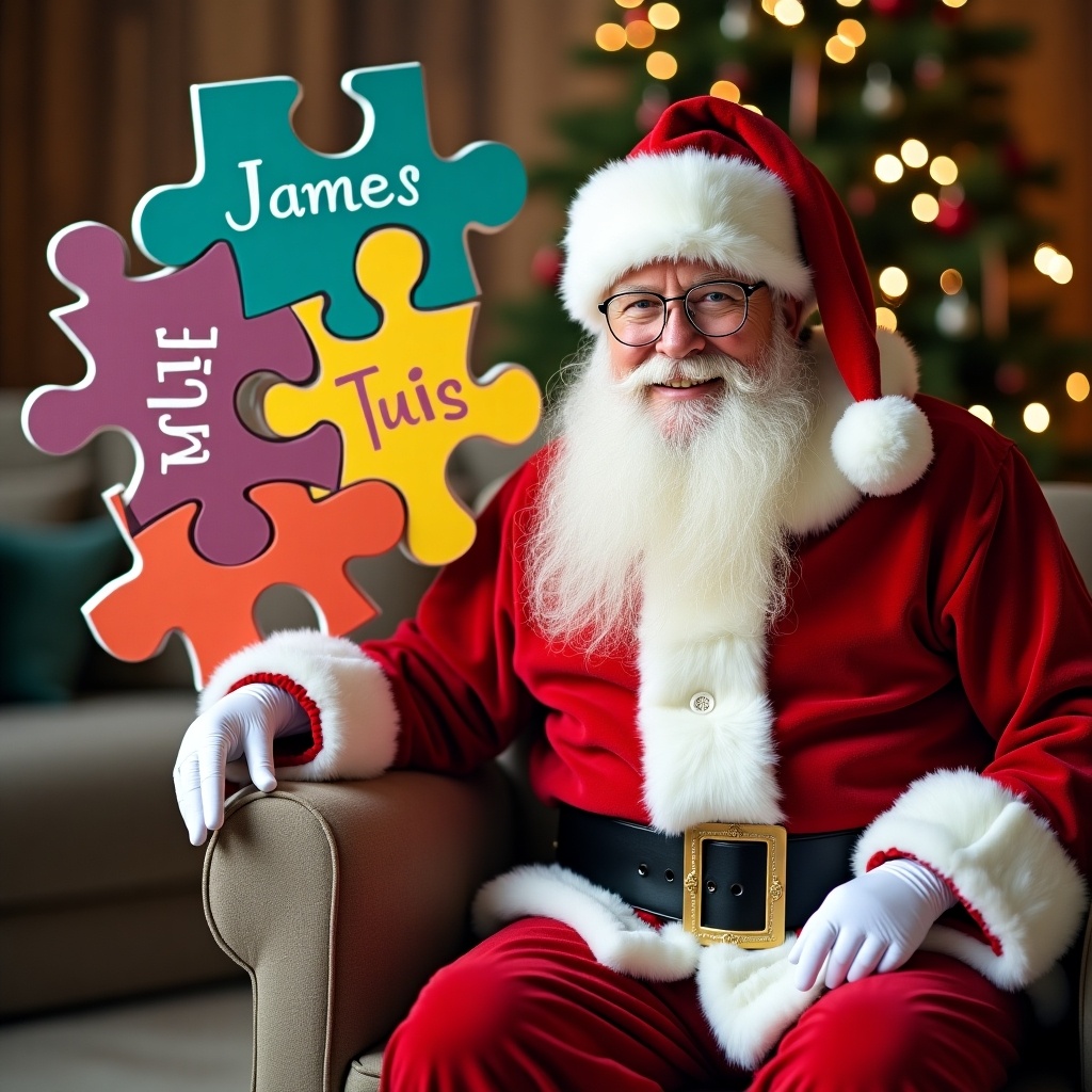 The image features a cheerful Santa Claus dressed in his classic red suit, seated comfortably on a couch. Behind him, colorful puzzle pieces represent the autism symbol, prominently displaying the name 'James.' The background is softly lit with twinkling Christmas lights, adding warmth to the festive scene. Santa’s friendly demeanor invites joy and inclusivity, creating a heartwarming holiday image. This scene is perfect for celebrating the holiday spirit and raising awareness about autism.