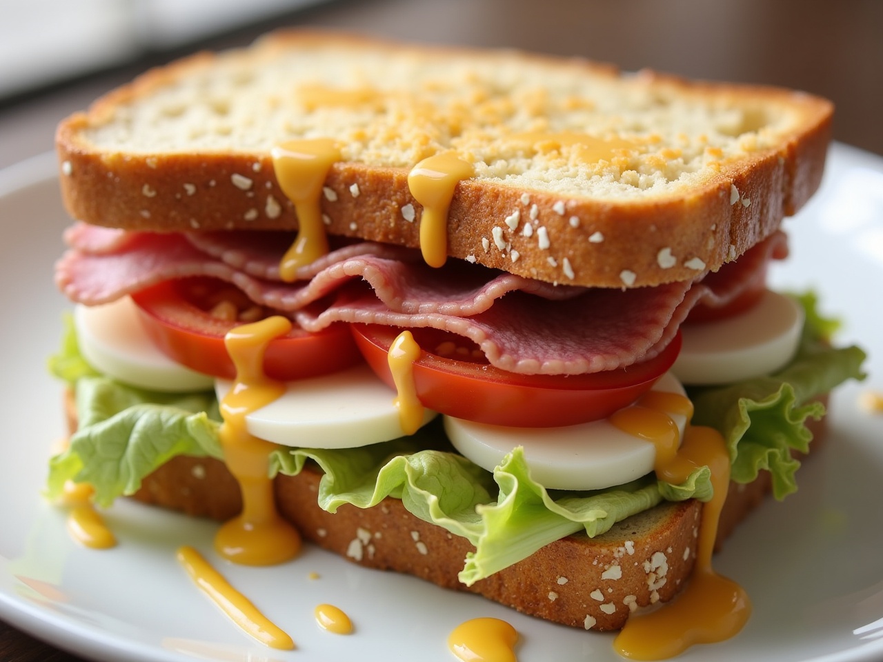 This image showcases a beautifully layered baked ciabatta sandwich. It is filled with layers of pastrami, fresh mozzarella, and ripe tomatoes. Crisp iceberg lettuce adds a refreshing crunch to the sandwich. A drizzle of mayo enhances the flavor profile. The sandwich is presented on a plate, inviting you to take a bite. The whole arrangement is visually appealing, highlighting fresh and vibrant ingredients. Perfect for a hearty meal or lunchtime treat, this sandwich is not only nutritious but also delicious.