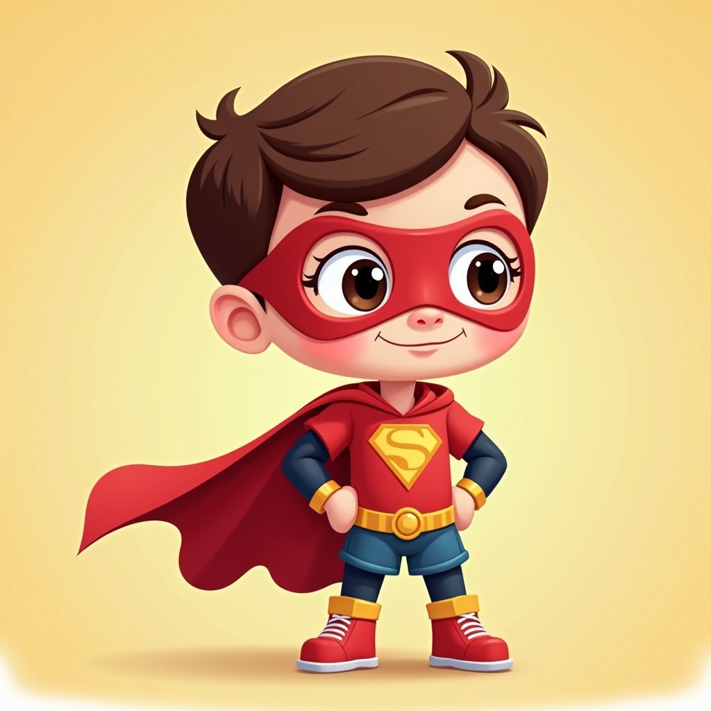 A cartoon kid wears a superhero costume. The child stands heroically with hands on hips. Bright colors are used like red and blue. The background is a simple beige to enhance visibility.