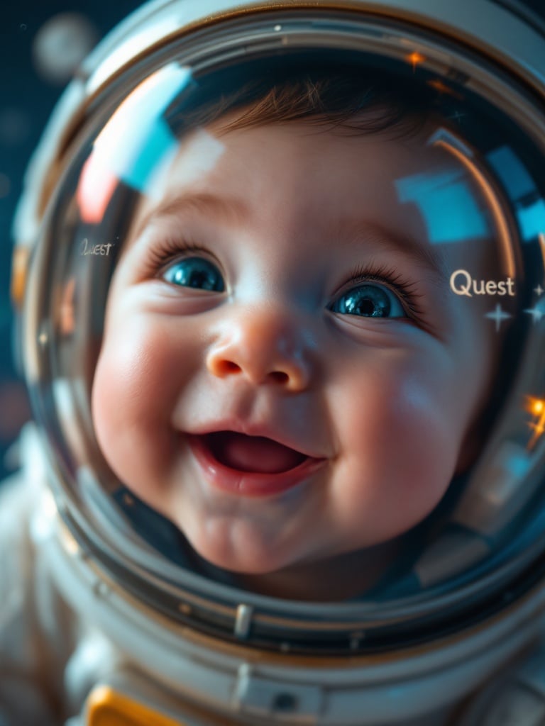 Close-up view of an astronaut’s helmet showing reflections of the word Quest. The background shows hints of stars and planets. The image conveys a sense of adventure.