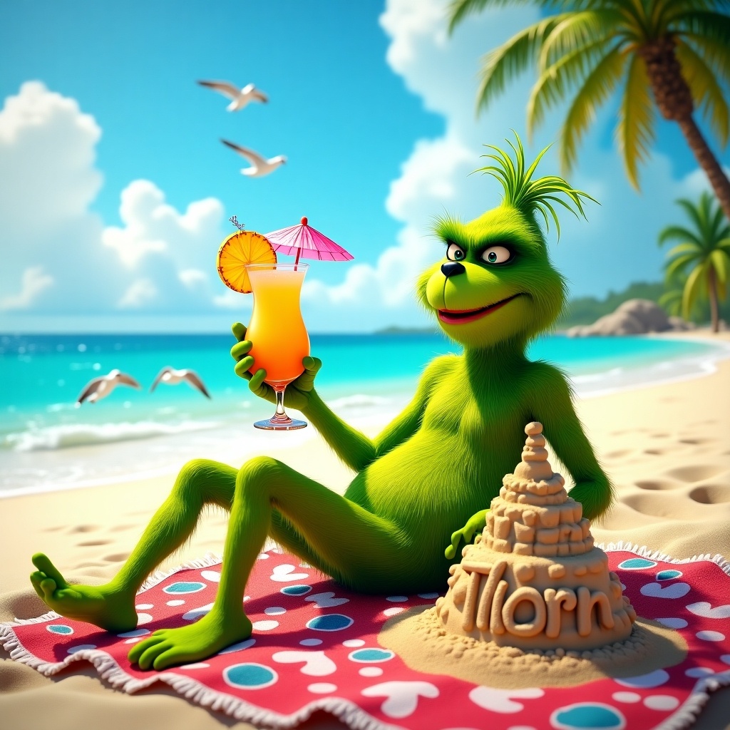 Grinch relaxing on a beach towel. Grinch drinking Pina Colada. Sand castle features name Thorn. Scene is sunny and tropical.