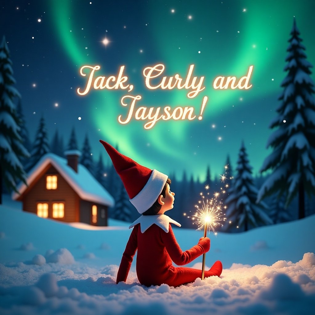 An elf on the shelf sits on snowy ground gazing upwards. The elf holds a shimmering wand enchanting the night sky. Above, elegant sparkling letters read 'Jack, Curly and Jayson!' with vibrant northern lights in the backdrop. Soft snow covers the landscape with a cozy cabin visible, radiating warmth and festive spirit.