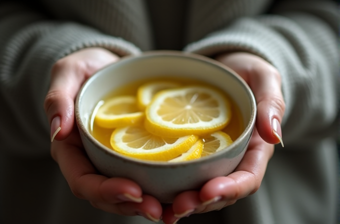 Hands are holding a bowl filled with slices of lemon.