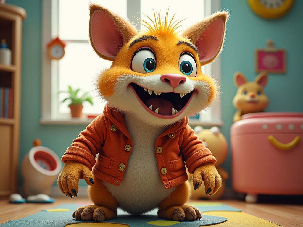 a cute, animated furry creature in a colorful children's room, with playful and vibrant expressions, surrounded by toys and happy atmosphere