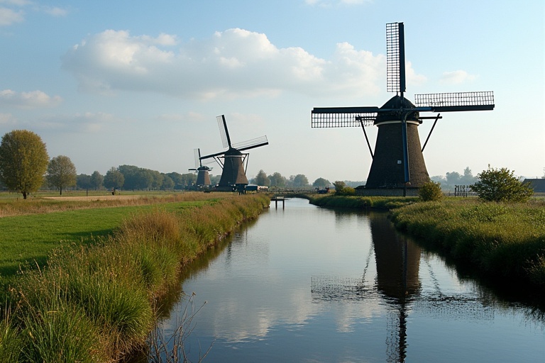 Landscape featuring two traditional windmills beside a serene waterway in Holland. The sky is partly cloudy and the area is lush with greenery. The windmills are well-preserved and are an iconic part of Dutch culture.