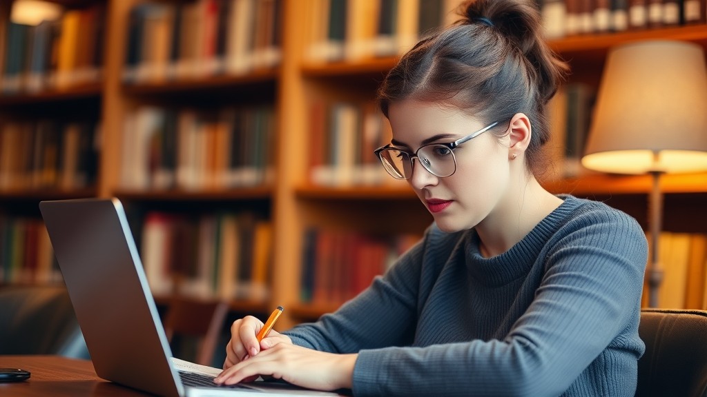 A woman with glasses diligently working on a laptop in a cozy library setting.