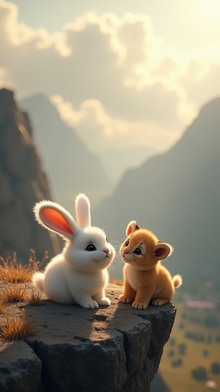 A cute bunny and a baby lion cub sitting on a rocky cliff edge, surrounded by a scenic mountainous landscape at sunrise.