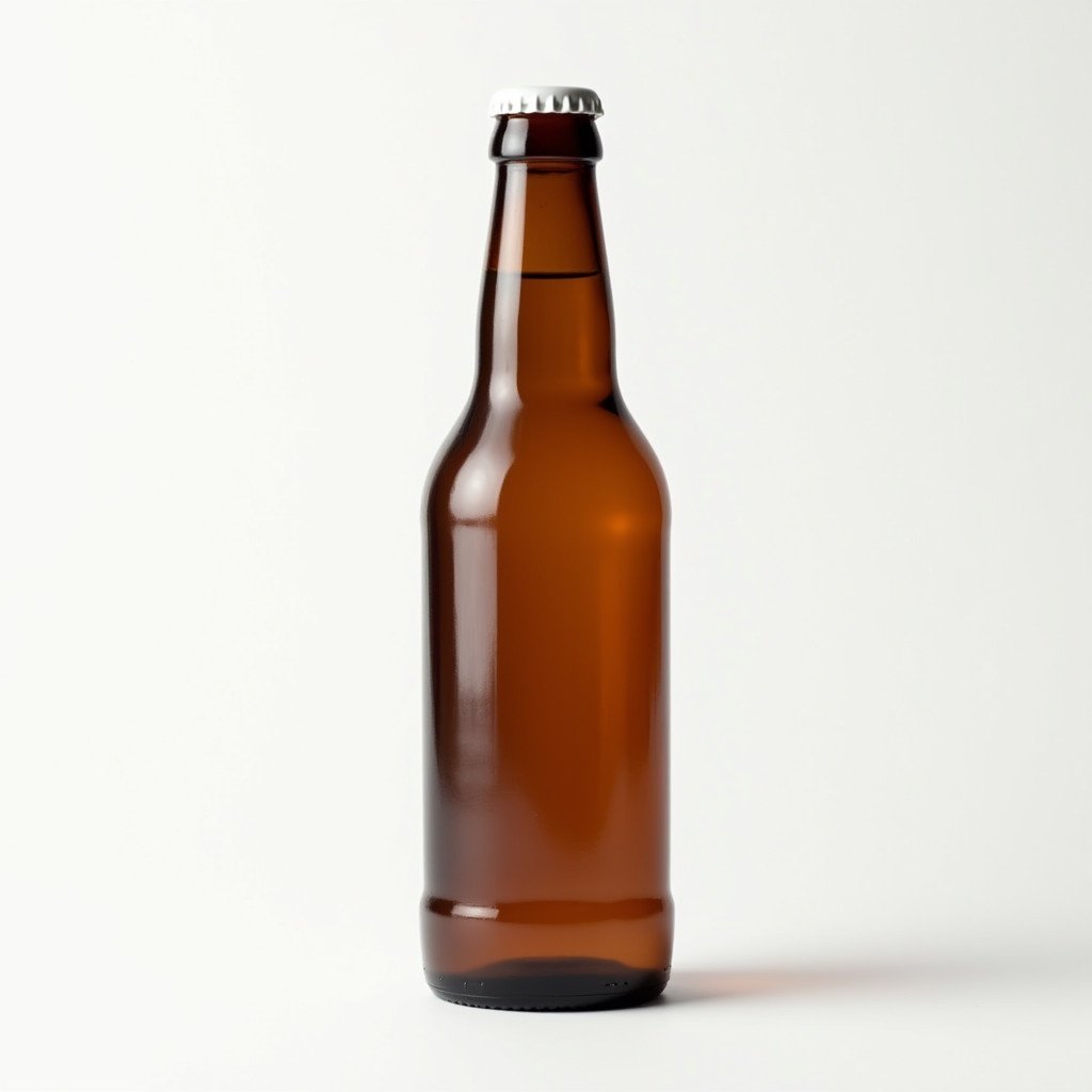 Brown glass beer bottle 500ml. White background with no labels. Bottle has a white cap. Soft natural light illuminates the bottle.