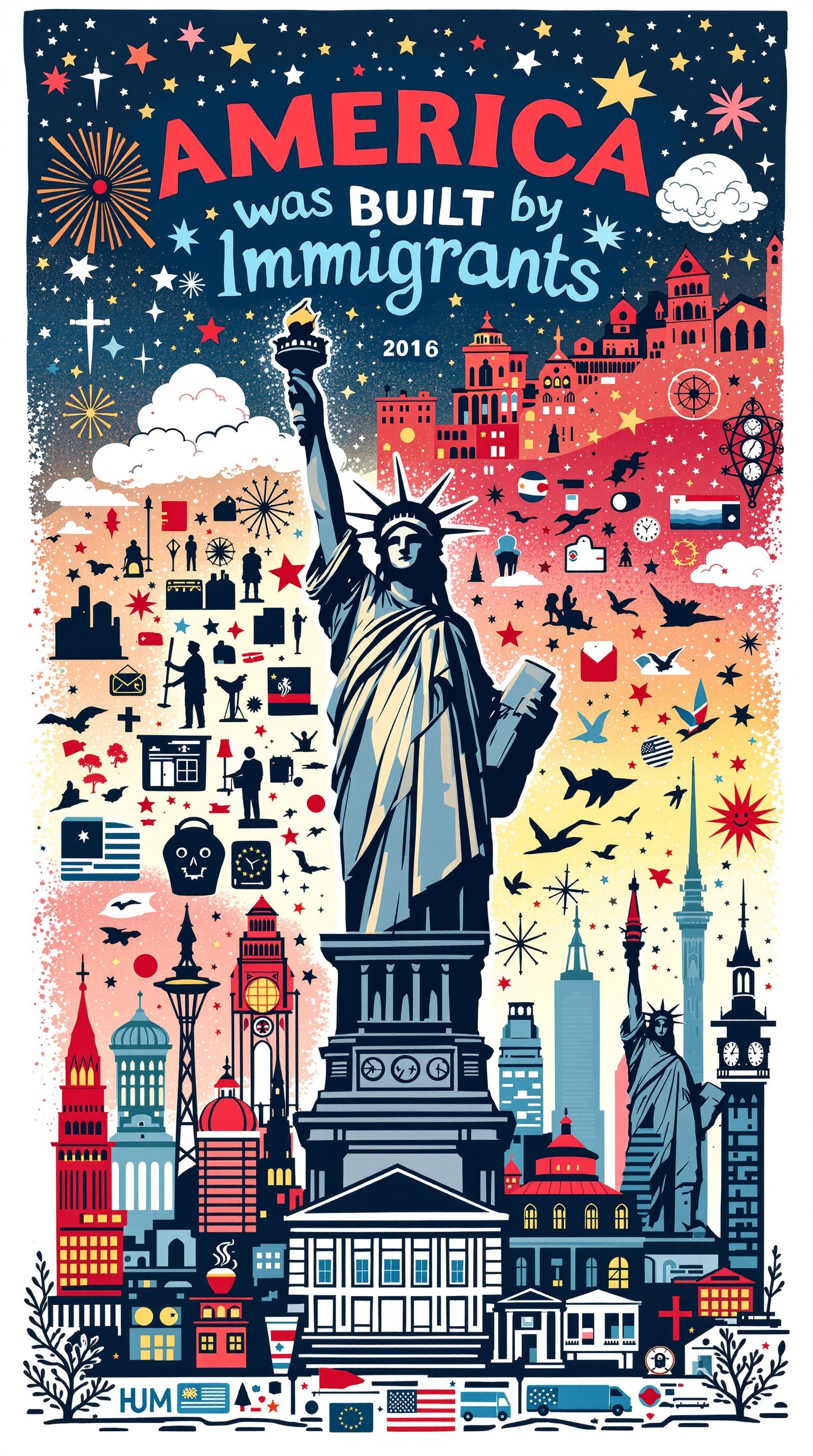 Visual illustration that embodies the concept of America being built by immigrants. Captures diversity and contributions to U.S. culture. Features American heritage symbols and elements from various immigrant backgrounds. Graphic design, vector style, intended for T-shirt with a white background.